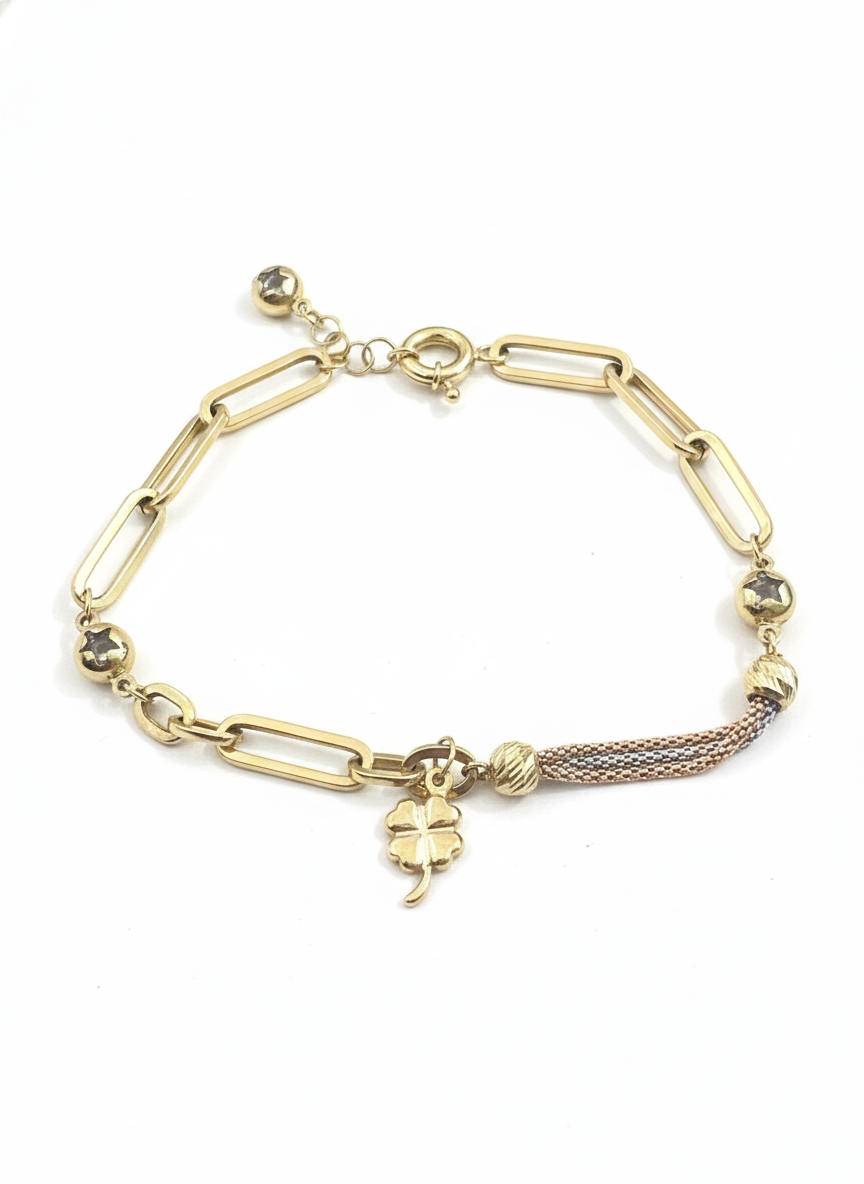 10K Paperclip Tri Tone Lucky Clover Charm Bracelet