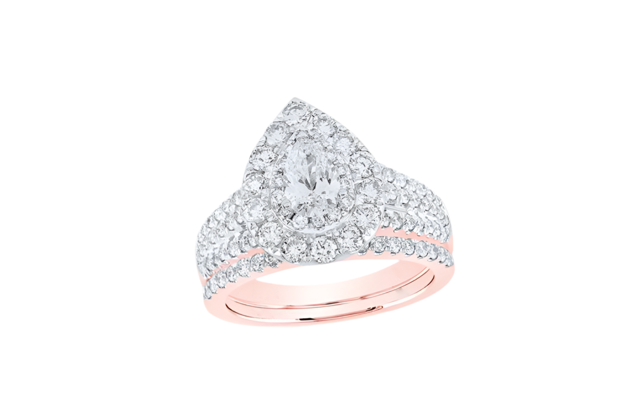 14K Pear Halo Bridal Wedding Ring Set