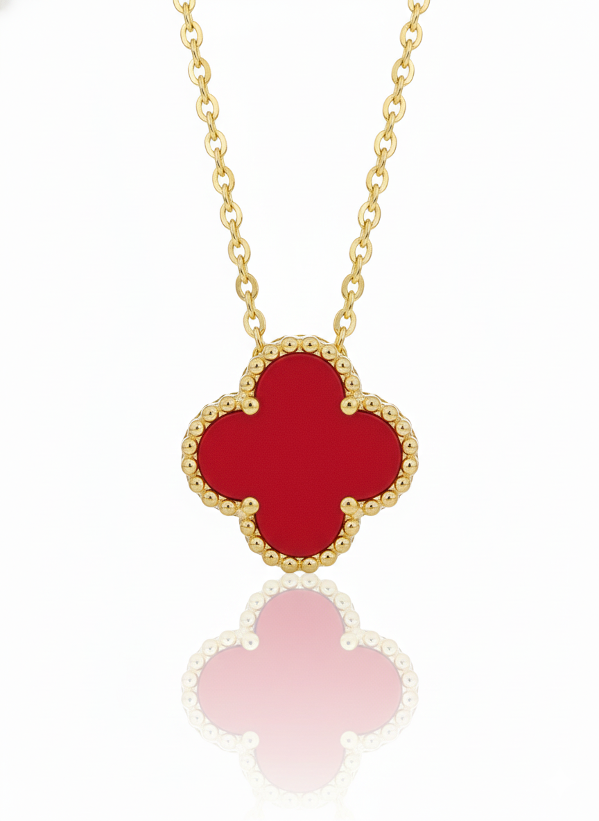 10K Yellow Gold Red Clover Vancleef Inspired Style Necklace