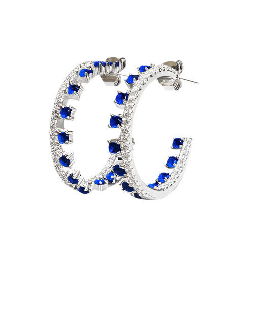 Sterling Silver Blue Sapphire CZ Hoop Earrings