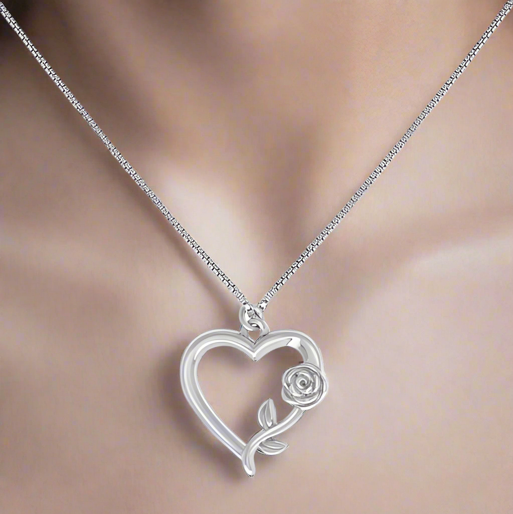 Sterling Silver Rose Flower Heart Charm Necklace