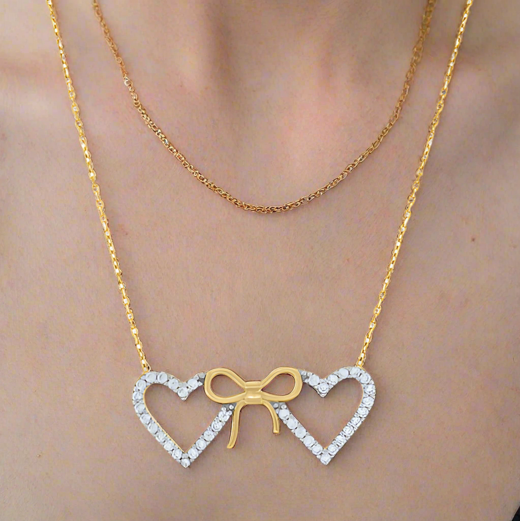 14K Double Heart Bow Necklace