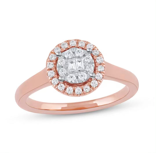 10K Halo Baguette Round Diamond Engagement Ring