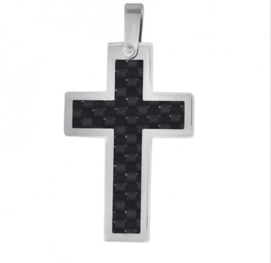 Stainless Steel Mens Cross Carbon Fiber Inlay Religious Charm
