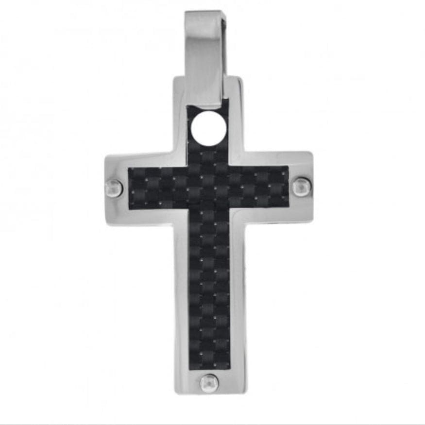 Stainless Steel Mens Cross With Carbon Fiber Inlay Charm