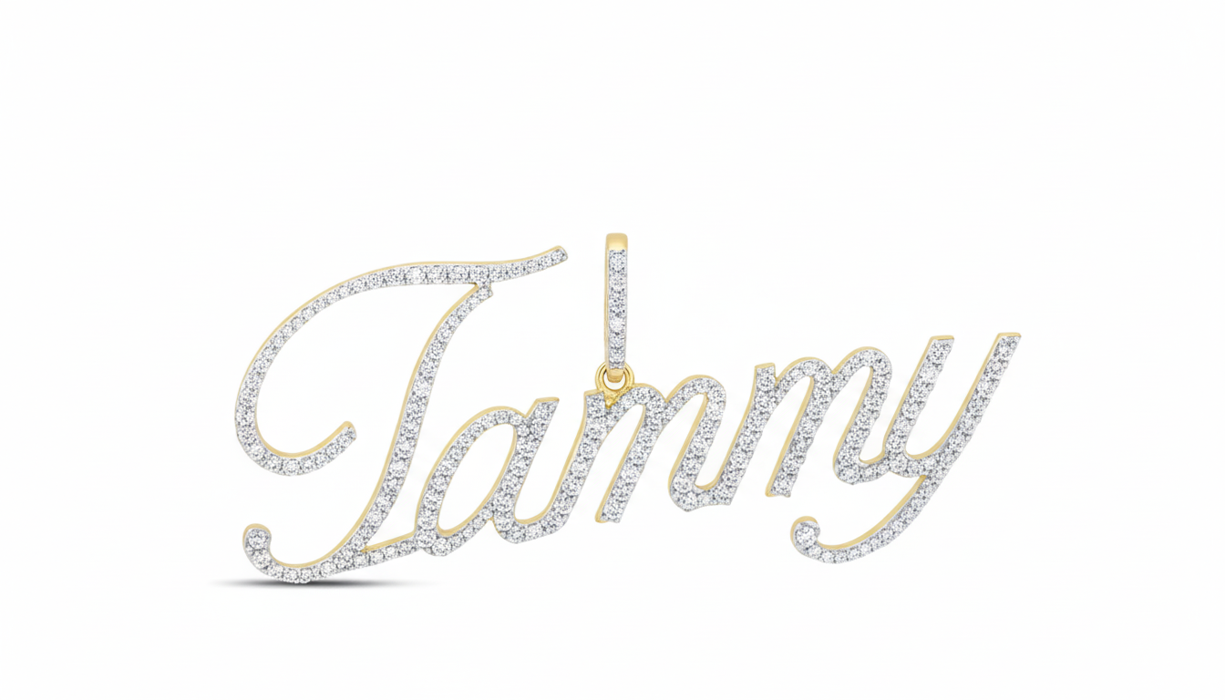 Diamond-encrusted necklace with 'Tammy' inscription on a white background