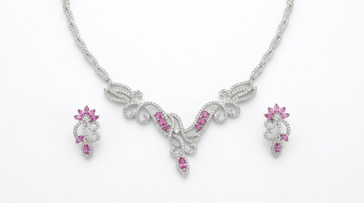 Sterling silver 925 necklace and matching earrings featuring pink and white sapphires.