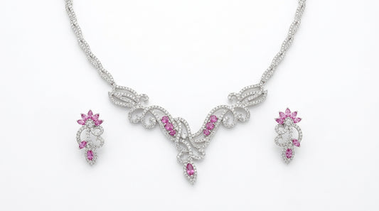 Sterling silver 925 necklace and matching earrings featuring pink and white sapphires.
