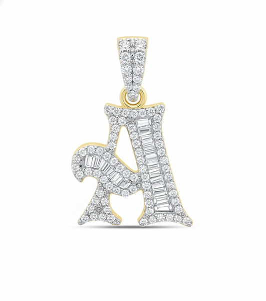 Diamond-studded letter 'A' pendant on a white background