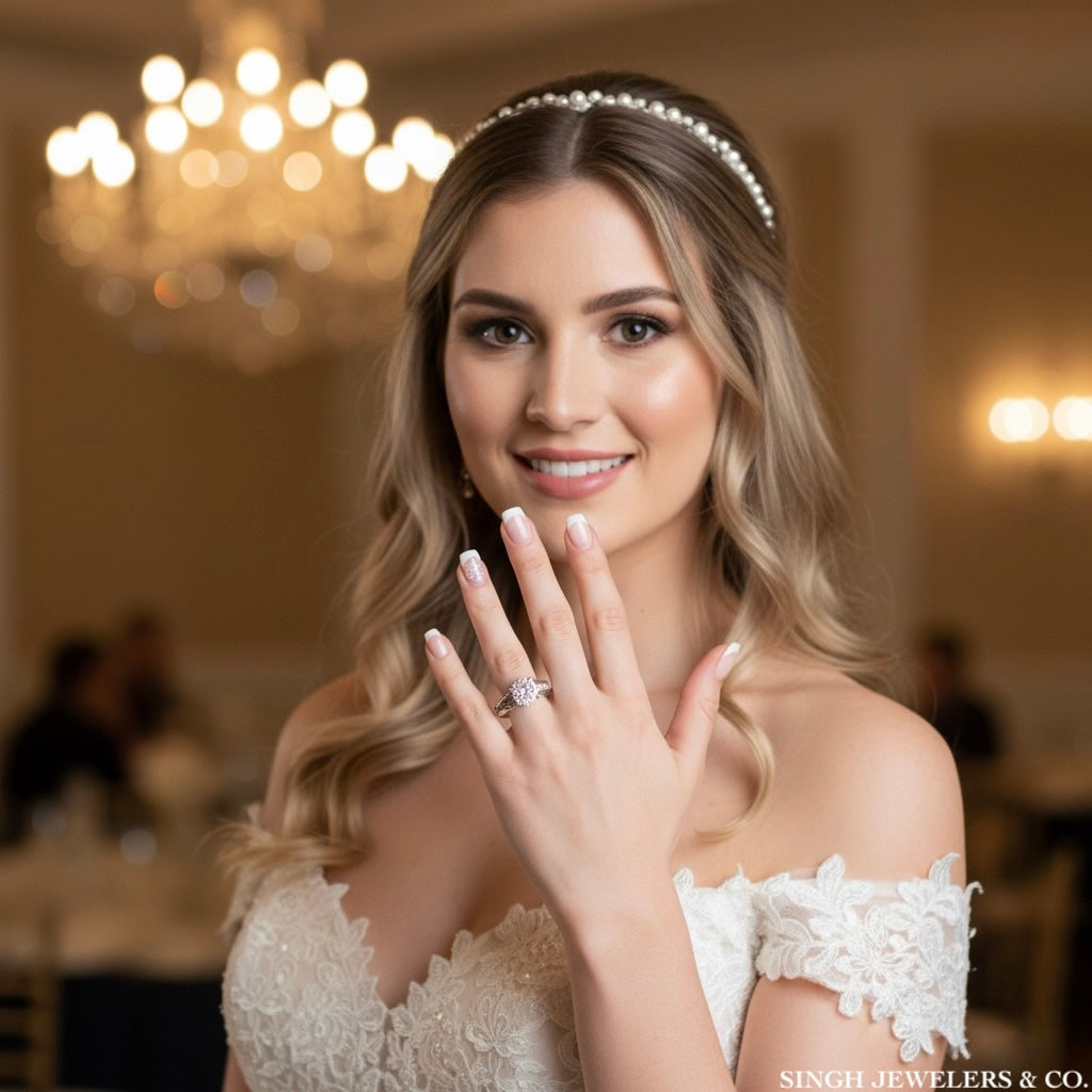 Woman in a wedding dress with a diamond ring, posing indoors with blurred background