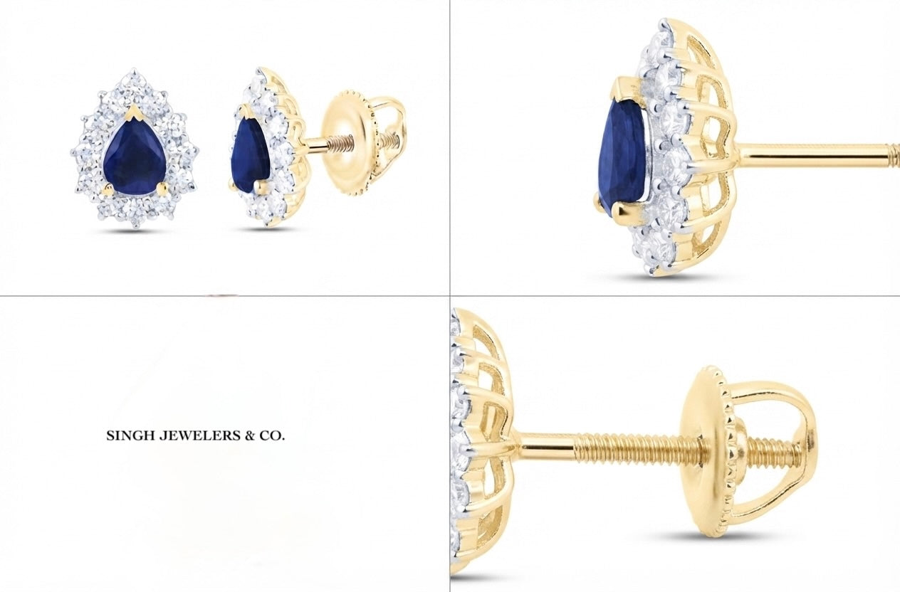 3/8 CTW Natural Diamond & Blue Sapphire Pear Earrings in 14K Yellow Gold