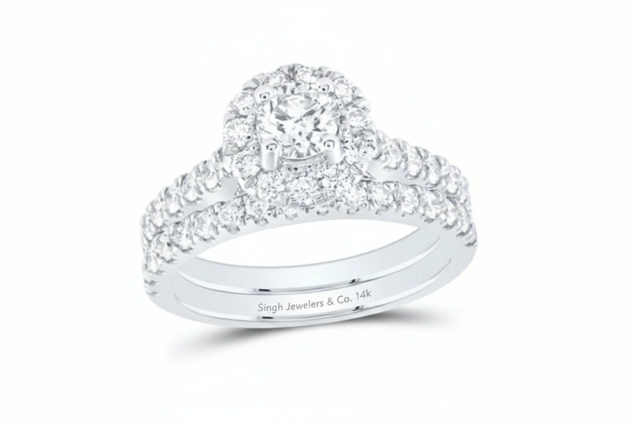 14K Round Halo Bridal Wedding Ring Set