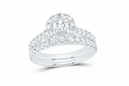 14K Round Halo Bridal Wedding Ring Set