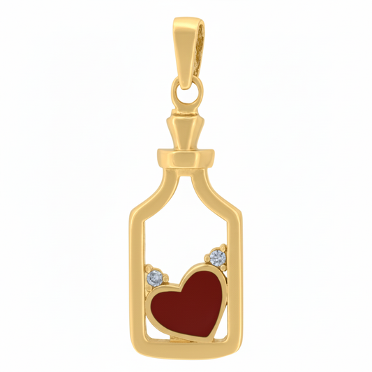 Gold pendant with a red heart and clear stones on a white background