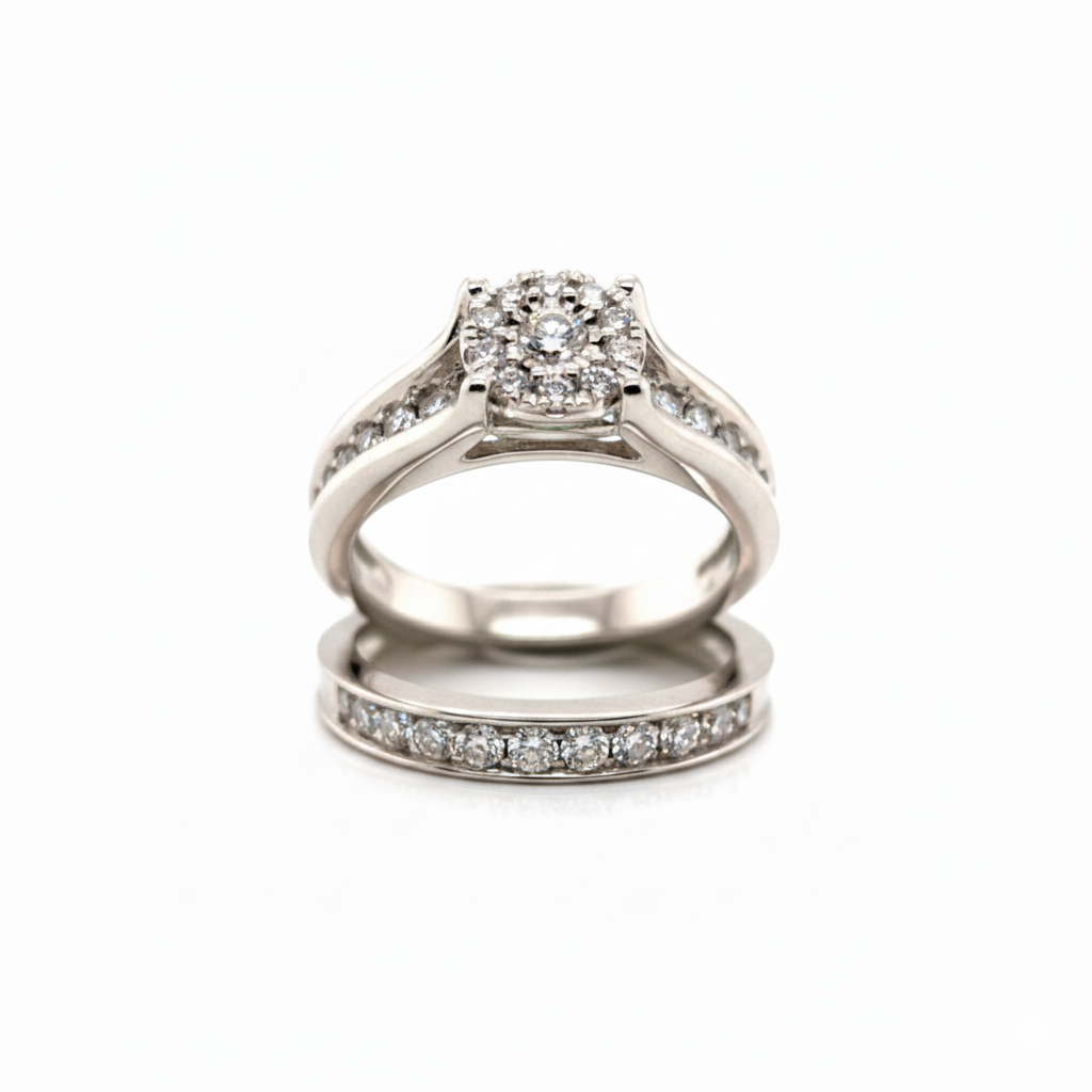 Silver ring with diamond accents on a white background
