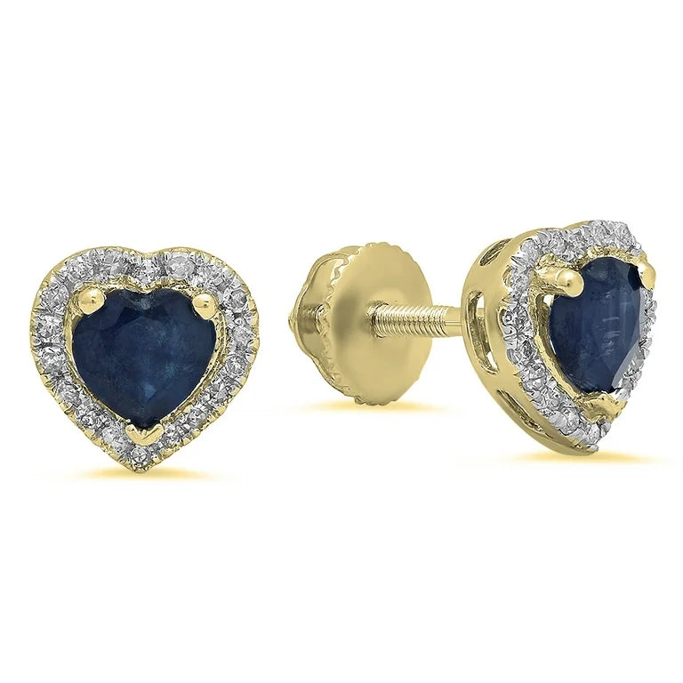 10K Blue Sapphire Heart Diamond Earrings