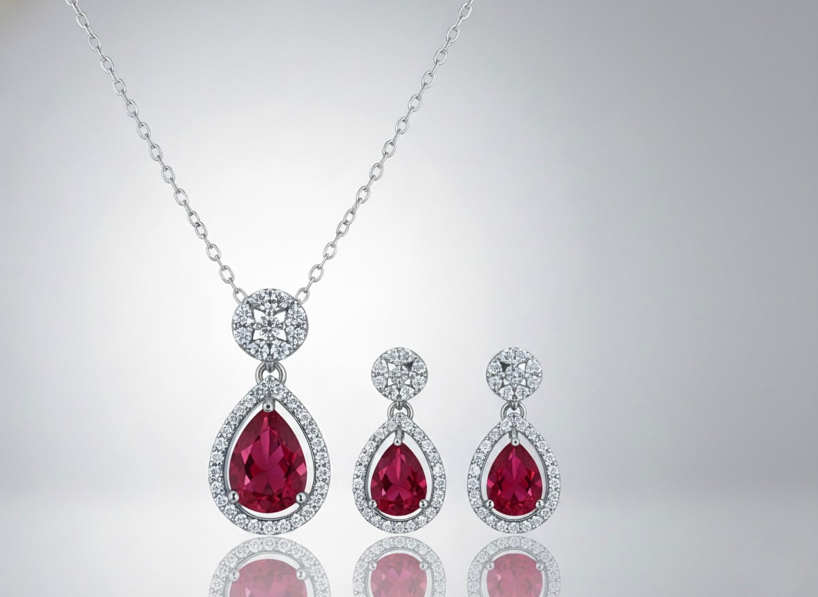 Sterling Silver Pear-Shaped Red CZ Necklace & Earrings Set
