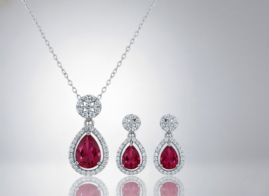 Sterling Silver Pear-Shaped Red CZ Necklace & Earrings Set