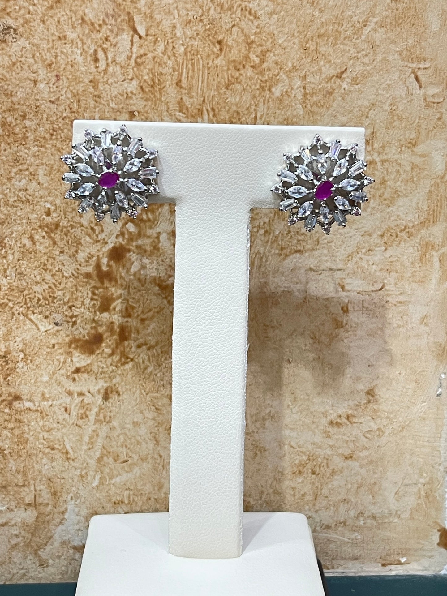 Sterling Silver Pink Stone CZ Floral Earrings