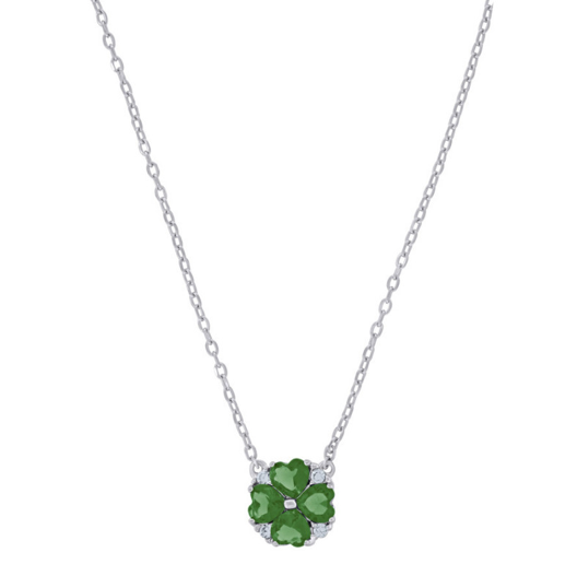 Sterling Silver Women Green Cubic Zirconia Heart Clover Flower Necklace