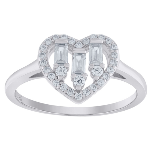 Sterling Silver Heart Baguette CZ Ring