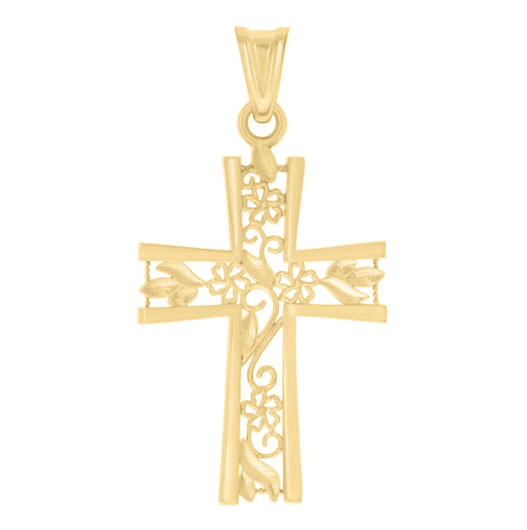 10K Floral Cross Religious Charm Pendant