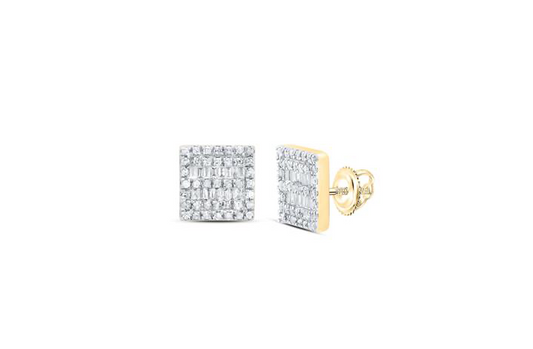 10K Square Box Baguette Round Diamond Earrings Studs