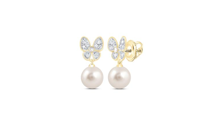 10K Butterfly Diamond Pearl Earrings