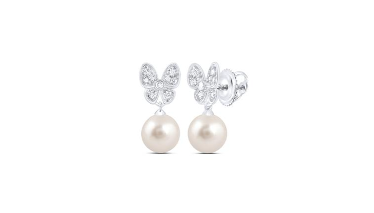 10K Butterfly Diamond Pearl Earrings