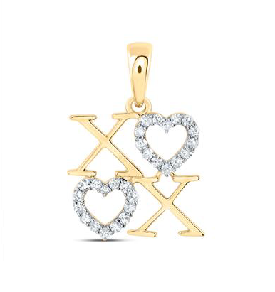 A gold-tone charm with two diamond-encrusted hearts and the letter X and O, representing the word 'XOXO'.