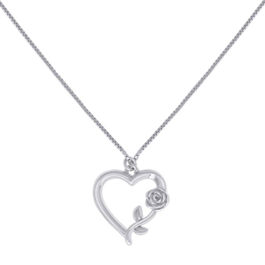 Sterling Silver Rose Flower Heart Charm Necklace