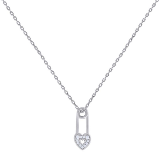 Sterling Silver White Sapphires Heart Pin Necklace
