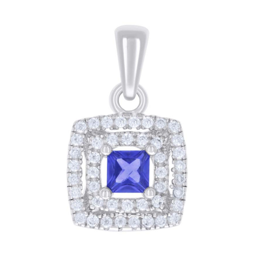 Sterling Silver Blue White Princess-Cut Round White Sapphires Square Fashion Pendant