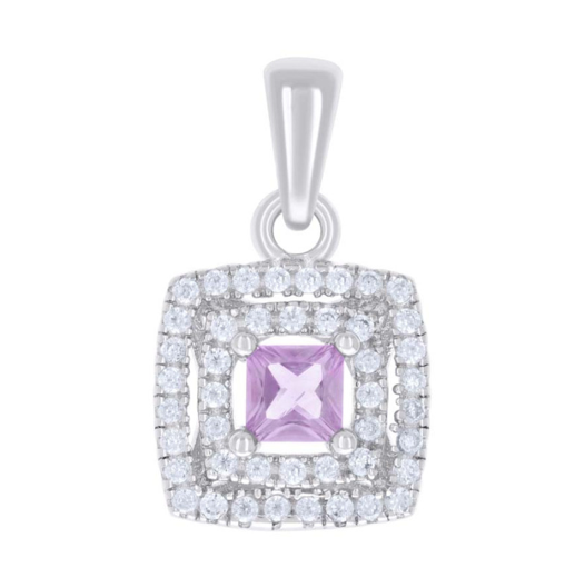 Sterling Silver Pink White Princess-Cut Round White Sapphires Square Fashion Pendant