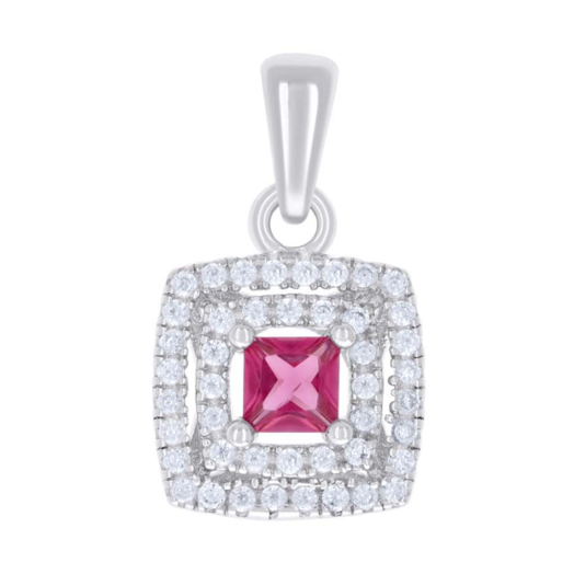 Sterling Silver Red Princess-Cut Round White Sapphires Square Fashion Pendant