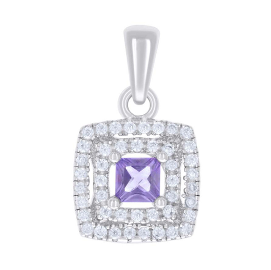 Sterling Silver Purple Princess-Cut Round White Sapphires Square Fashion Pendant