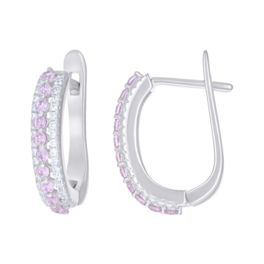 Sterling Silver Pink White Sapphires U-Shape Hoop Earrings