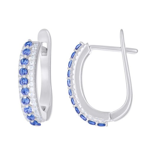 Sterling Silver Blue White Sapphires U-Shape Hoop Earrings