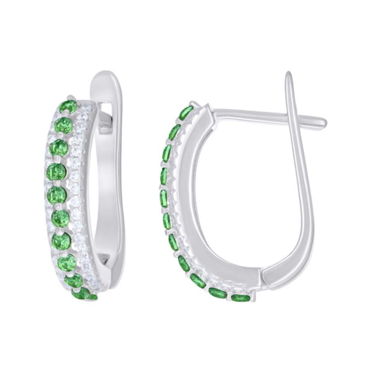 Sterling Silver Green White Sapphires U-Shape Hoop Earrings