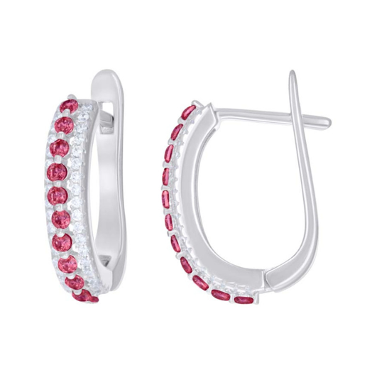 Sterling Silver Red White Sapphires U-Shape Hoop Earrings