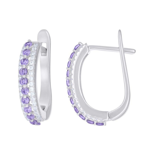 Sterling Silver Purple White Sapphires U-Shape Hoop Earrings
