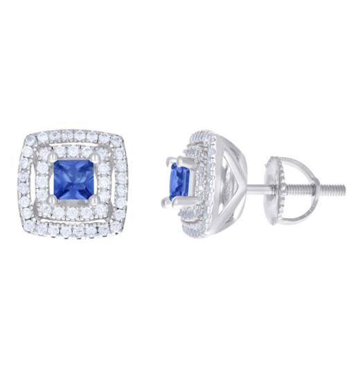 Sterling Silver Blue White Princess-Cut Round White Sapphires Square Stud Earrings