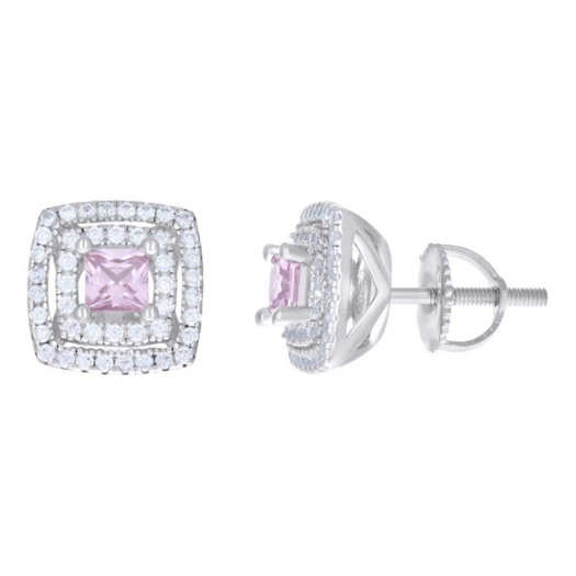 Sterling Silver Pink White Princess-Cut Round White Sapphires Square Stud Earrings