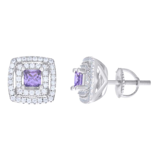 Sterling Silver Purple Princess-Cut Round White Sapphires Square Stud Earrings