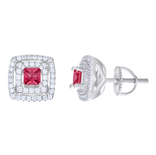 Sterling Silver Red Princess-Cut Round White Sapphires Square Stud Earrings