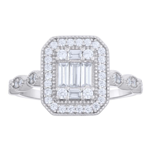 Sterling Silver Emerald Cut Baguette White Sapphires Ring