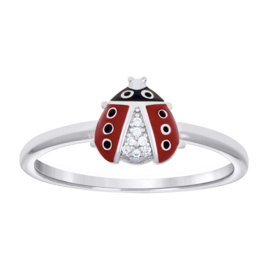 Sterling Silver Lucky Ladybug Ring with White Sapphires – Nature-Inspired Jewelry