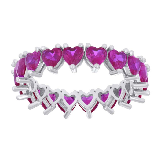 Sterling Silver Magenta Red Hearts Stones Eternity Ring Band