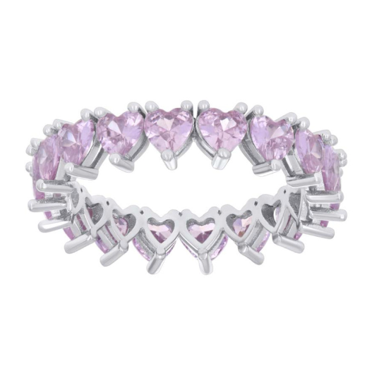 Sterling Silver Pink Hearts Stones Eternity Ring Band