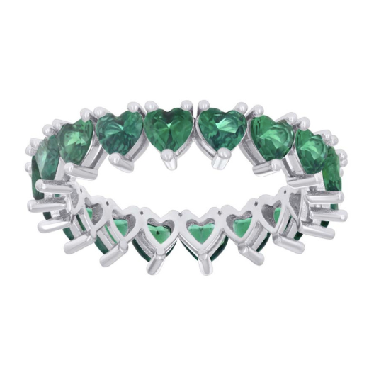 Sterling Silver Green Hearts Stones Eternity Ring Band